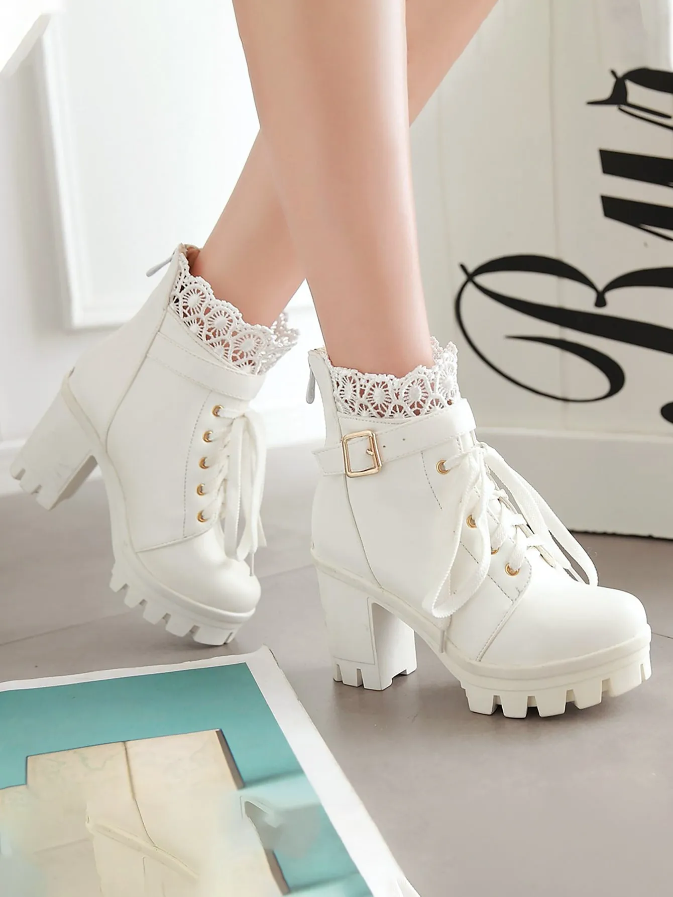 Lace Decor Buckle Detail Boots