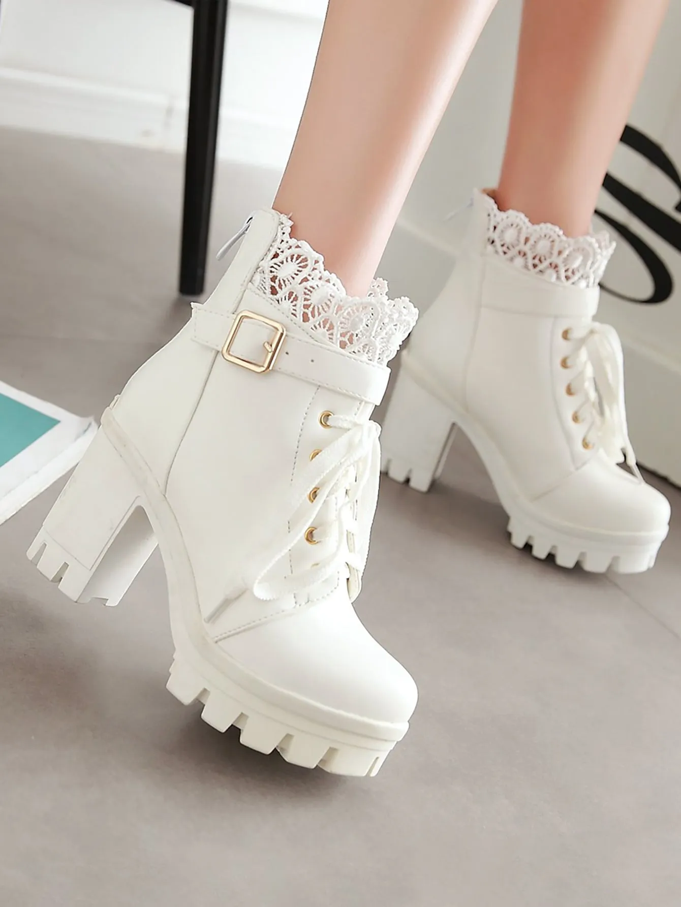 Lace Decor Buckle Detail Boots