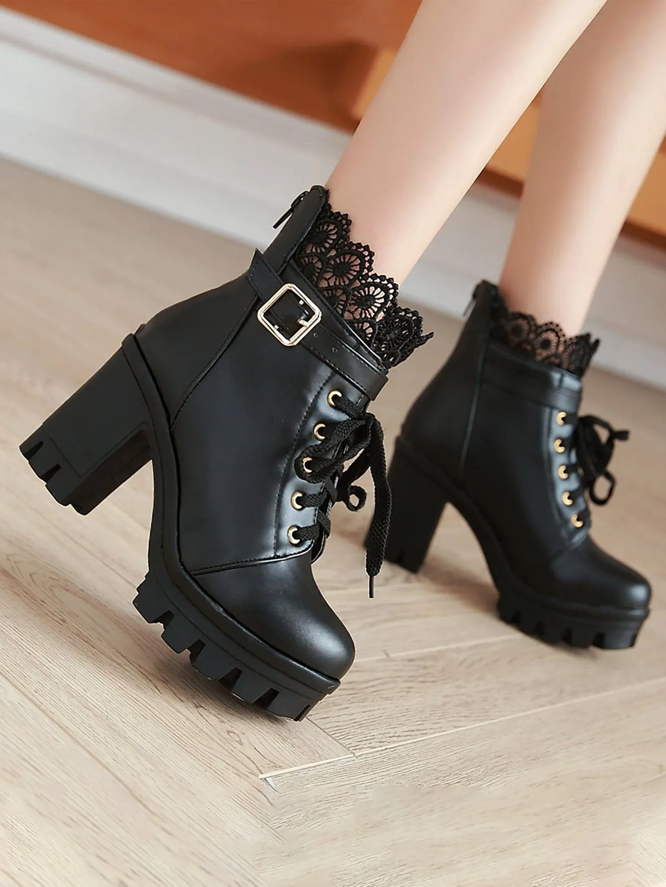 Lace Decor Buckle Detail Boots