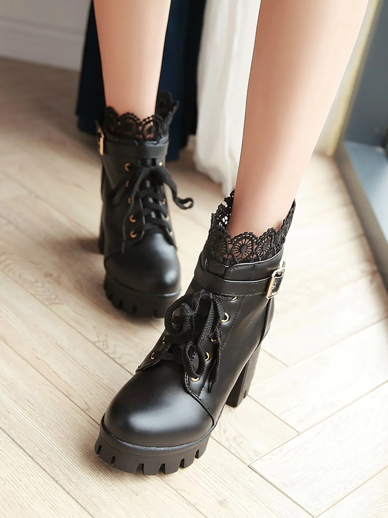 Lace Decor Buckle Detail Boots