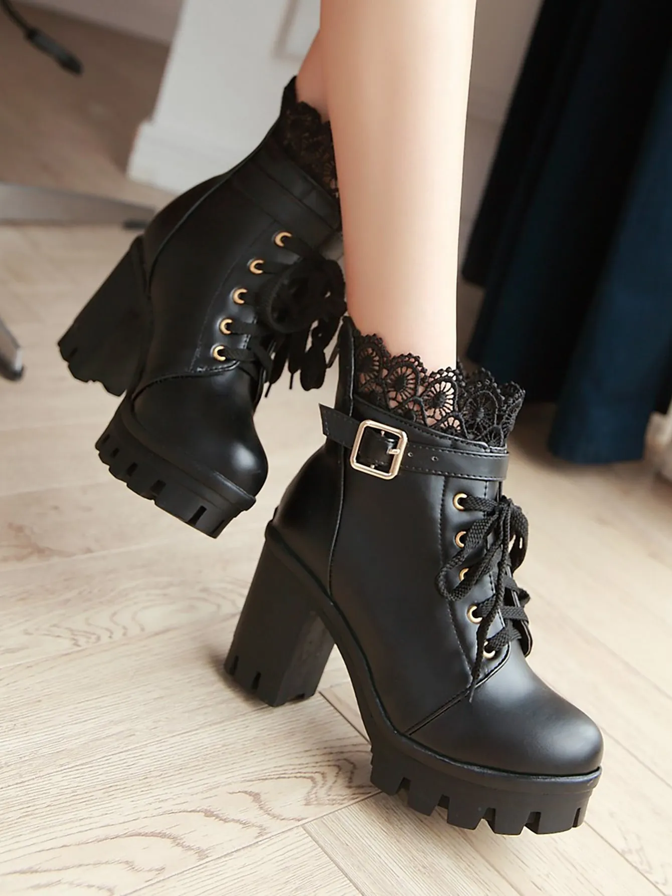 Lace Decor Buckle Detail Boots