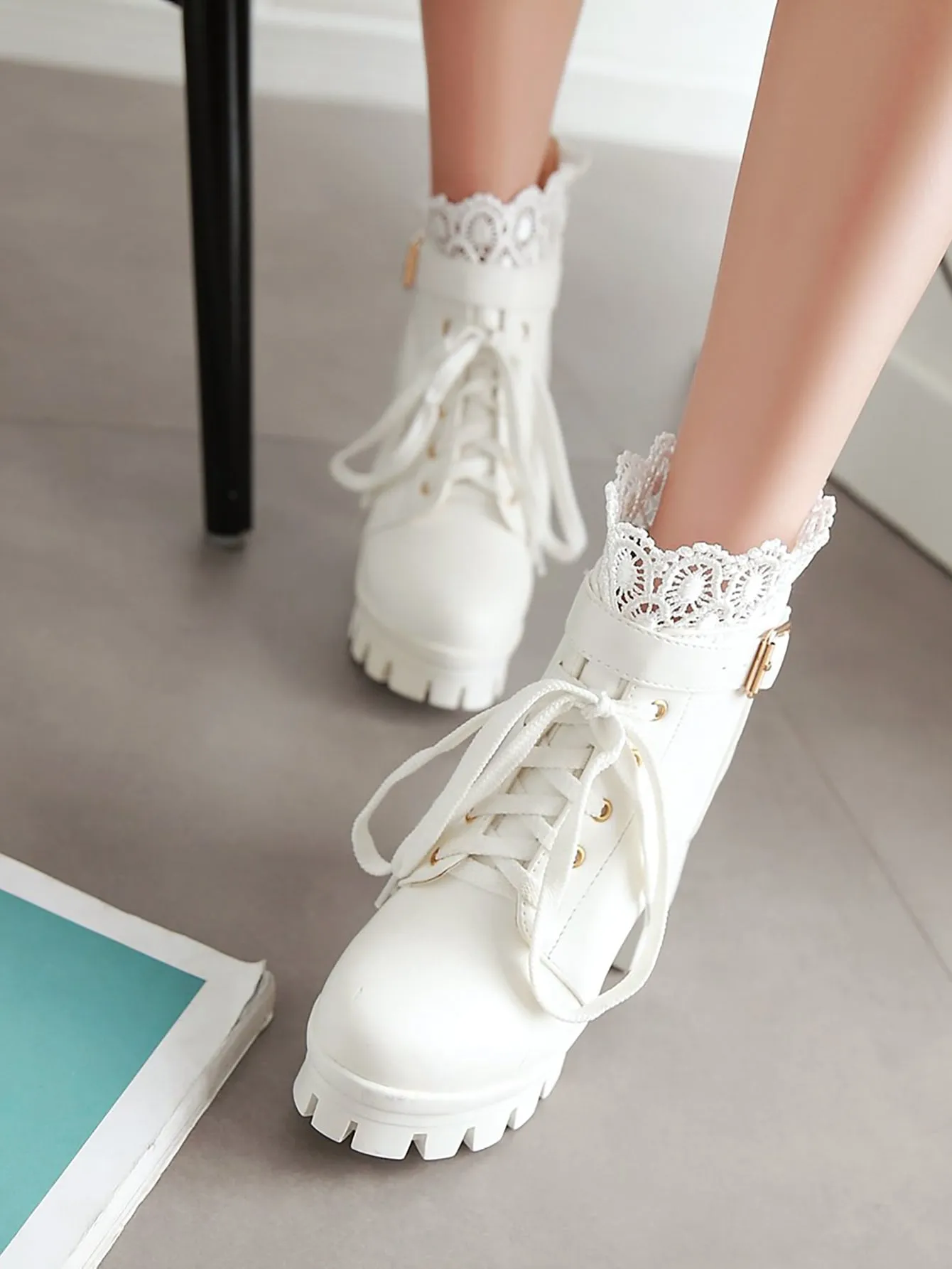 Lace Decor Buckle Detail Boots
