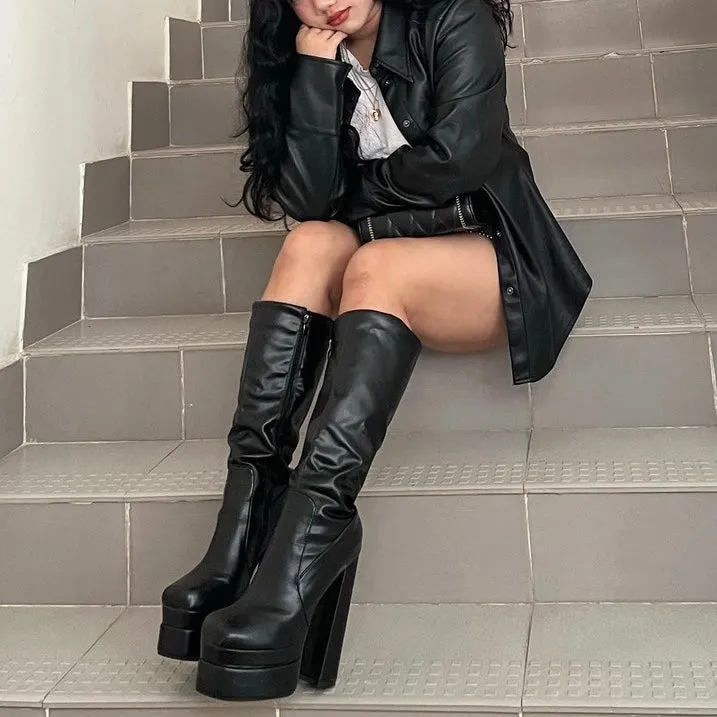 Leather Platform Knee Boots