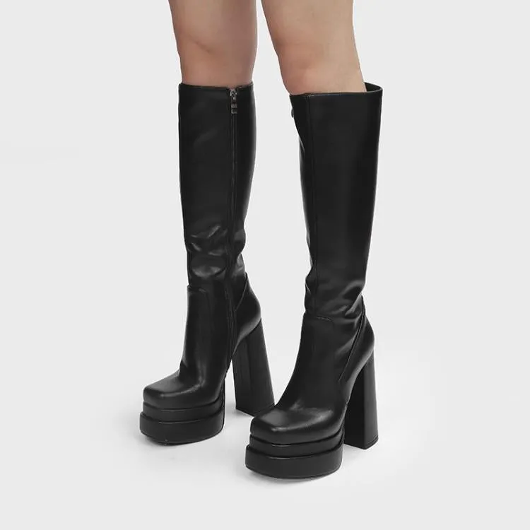 Leather Platform Knee Boots