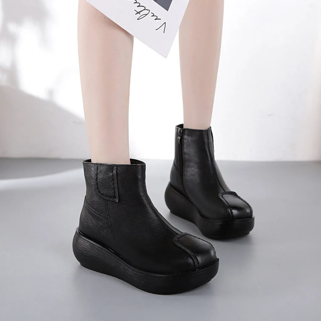 Leather Retro Thick Women's Wedge Boots