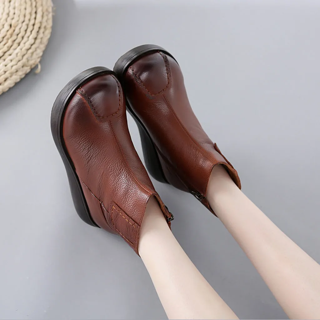 Leather Retro Thick Women's Wedge Boots