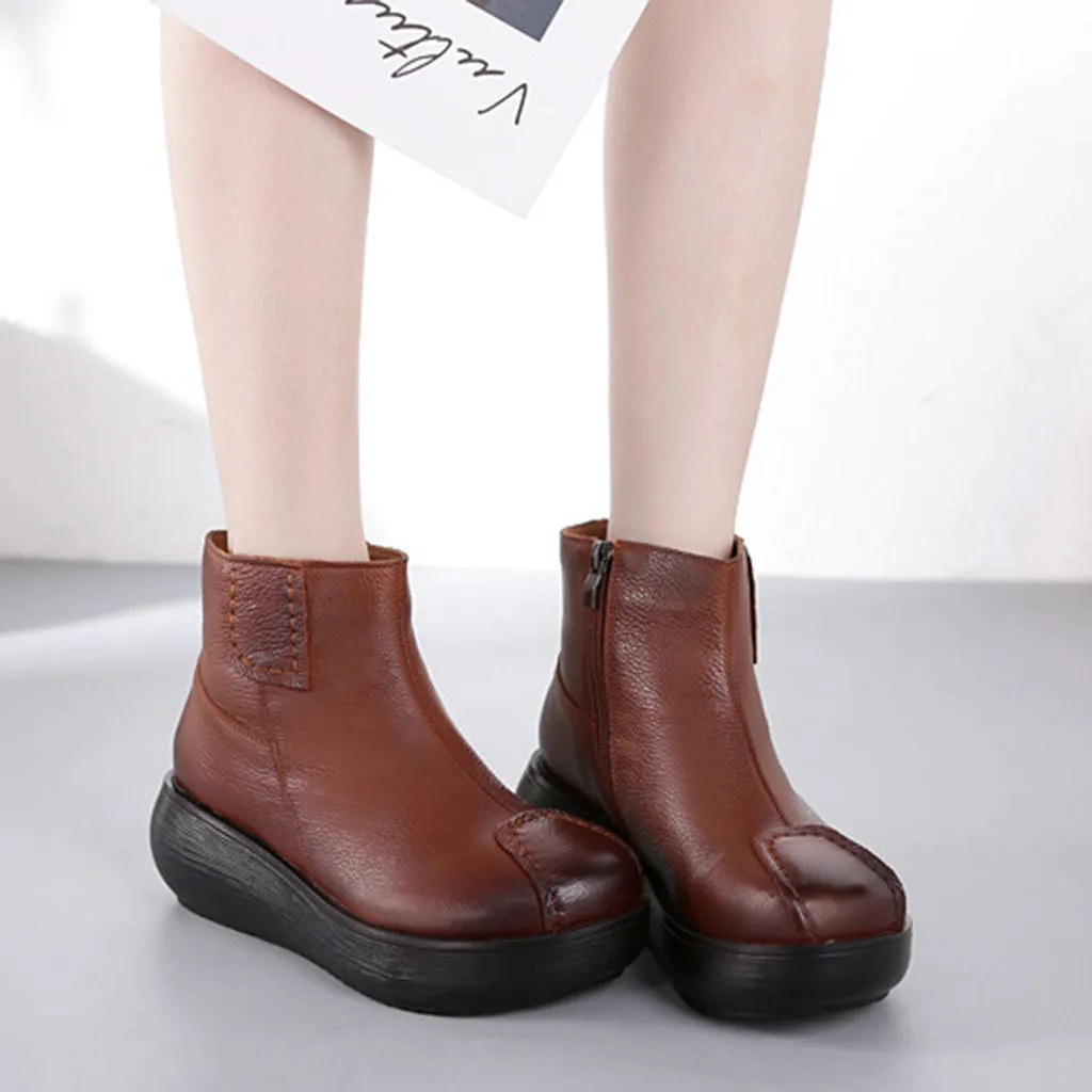 Leather Retro Thick Women's Wedge Boots