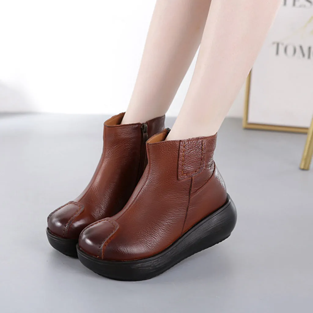 Leather Retro Thick Women's Wedge Boots