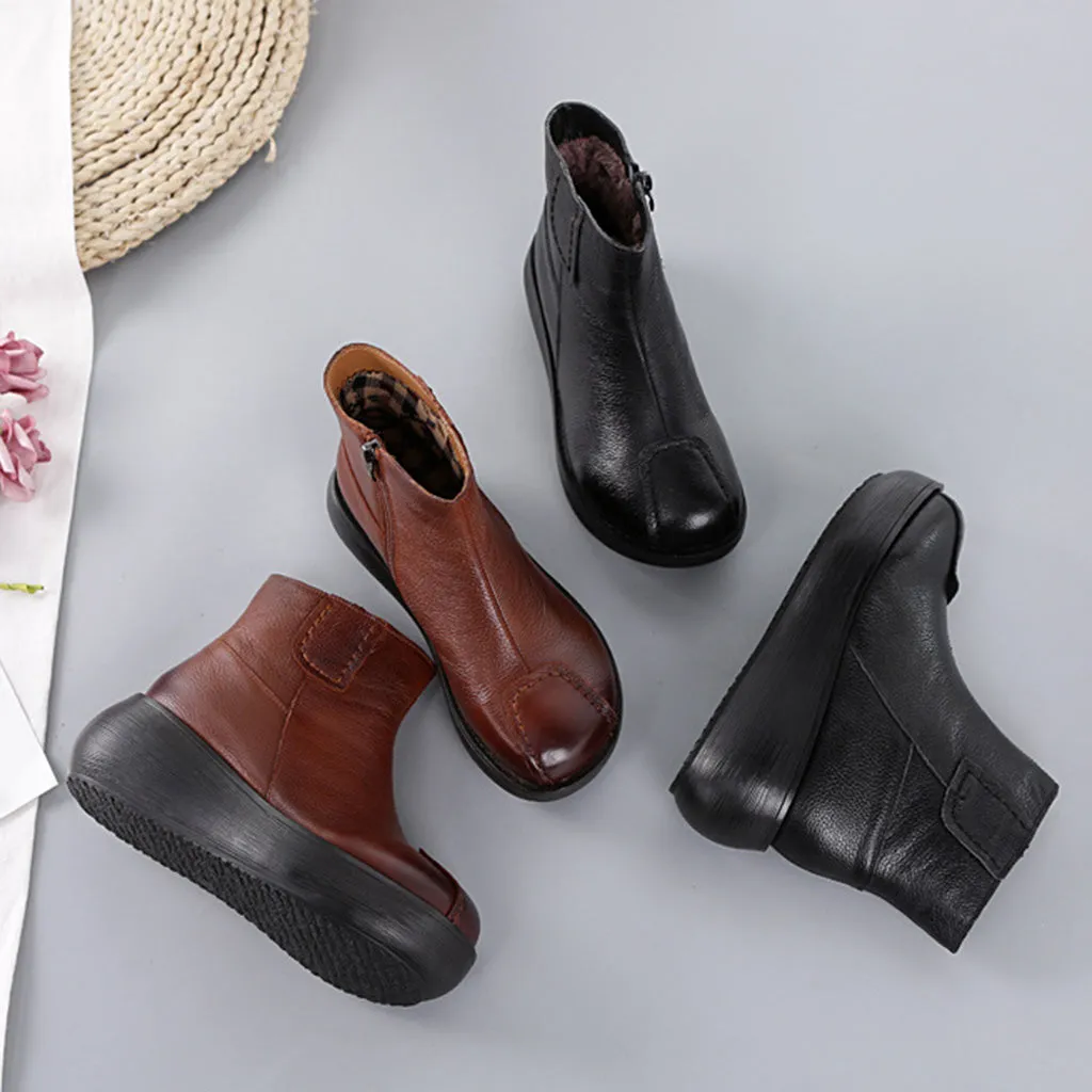 Leather Retro Thick Women's Wedge Boots