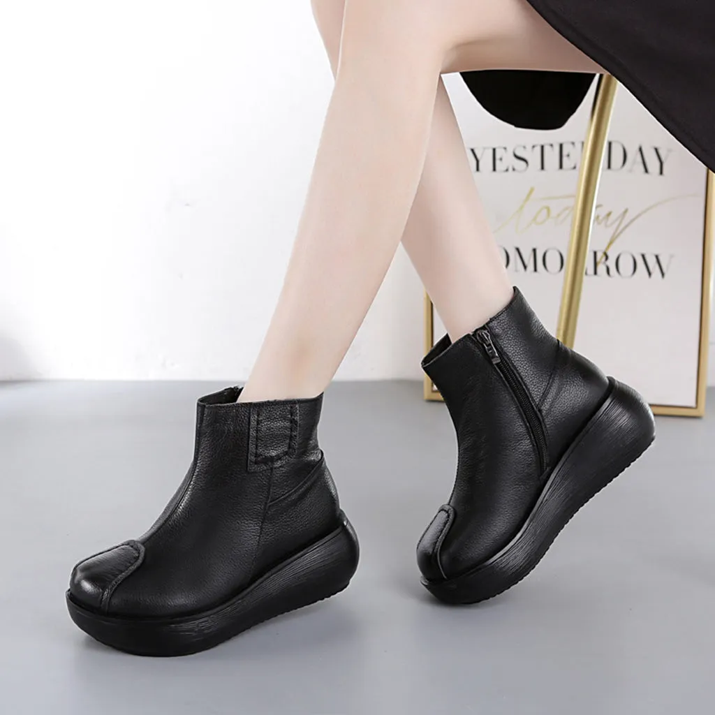 Leather Retro Thick Women's Wedge Boots