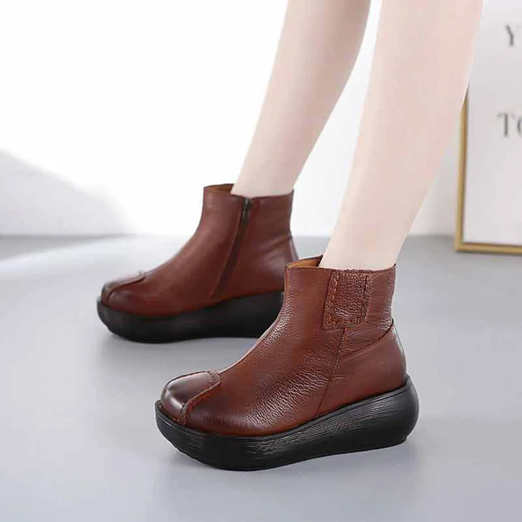 Leather Retro Thick Women's Wedge Boots
