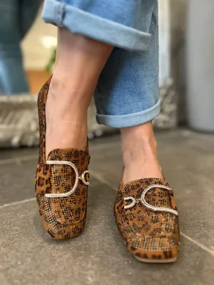 Leopard Diamante Gold Buckle Loafers