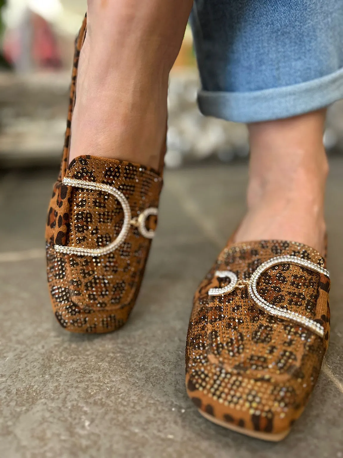 Leopard Diamante Gold Buckle Loafers