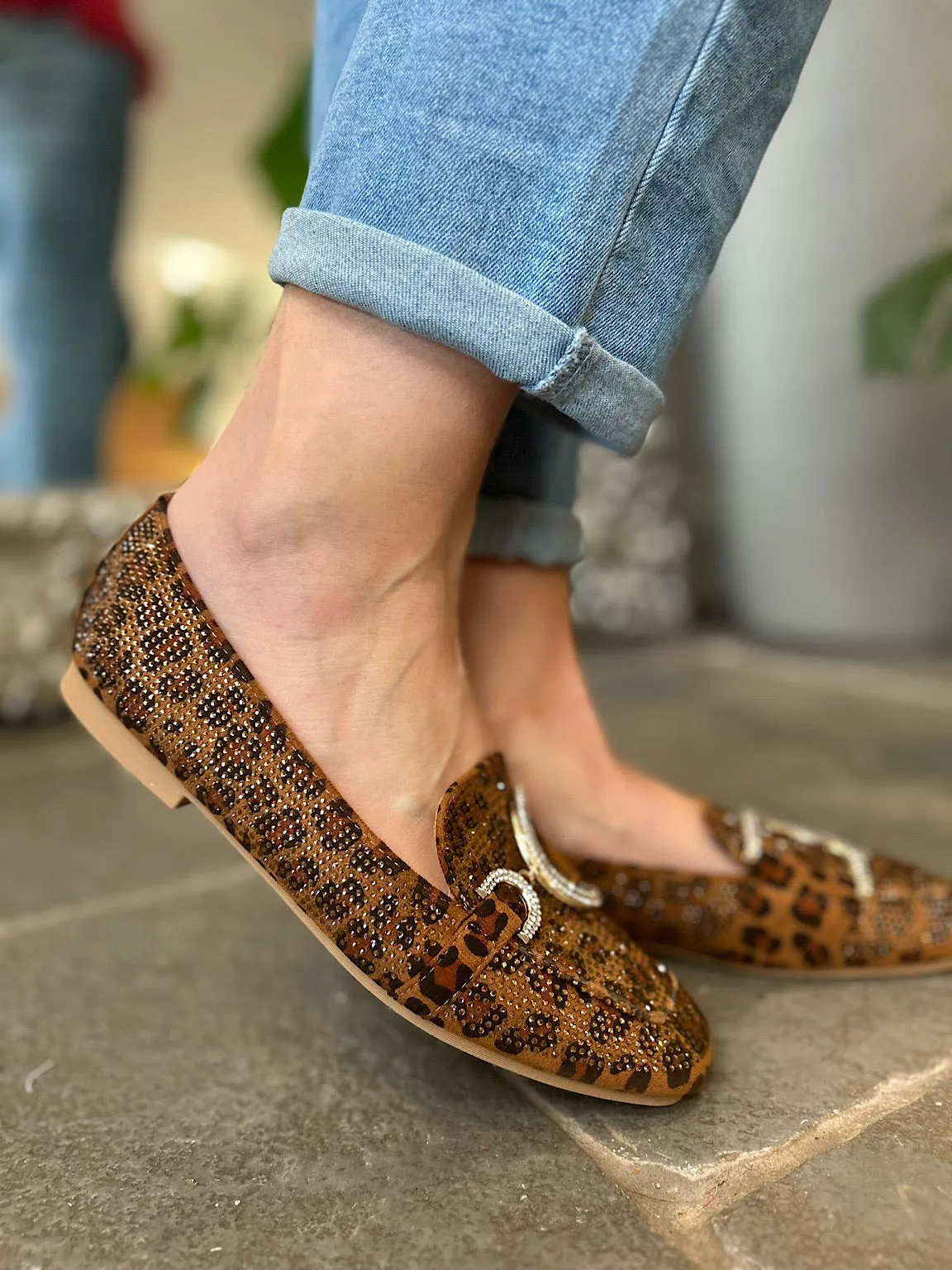 Leopard Diamante Gold Buckle Loafers