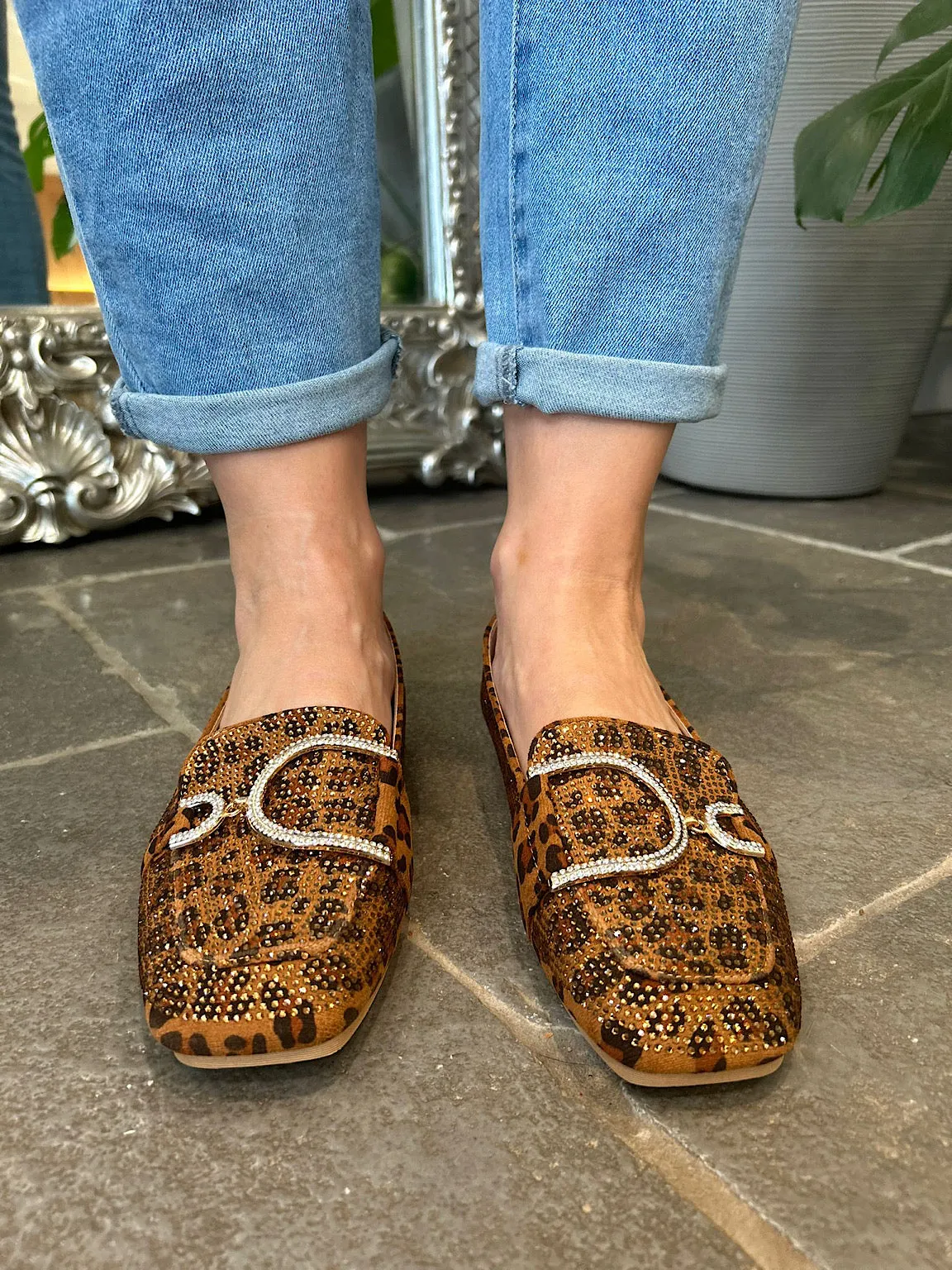 Leopard Diamante Gold Buckle Loafers
