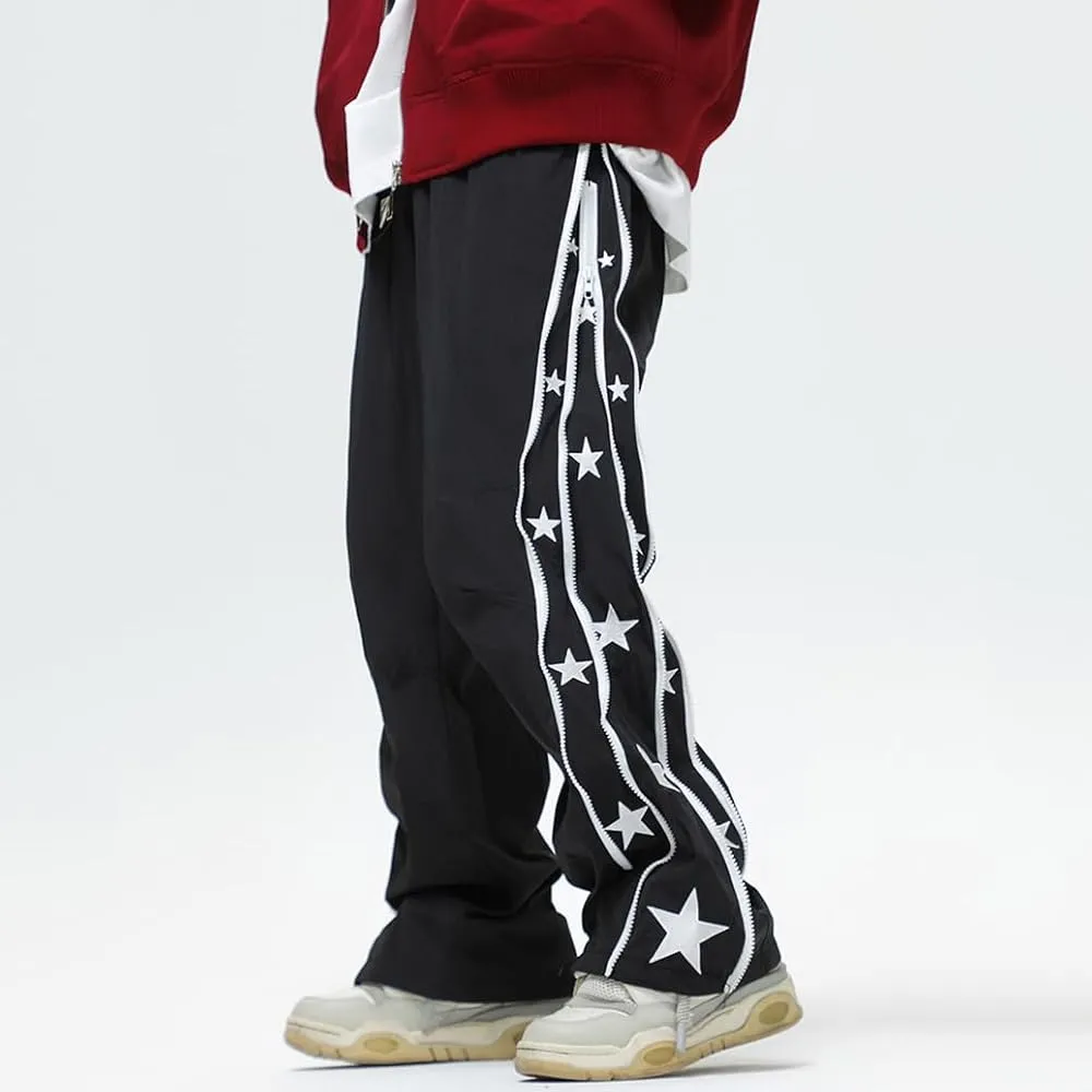 Men's Y2K Star Print Double Zip Streetwear Hip Hop Baggy Straight Relaxed Fit Joggers Pant