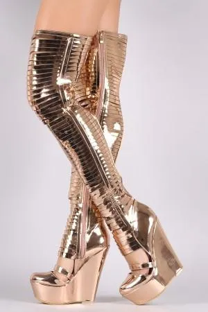 Metallic Patent Slashed Over-The-Knee Platform Wedge Boots