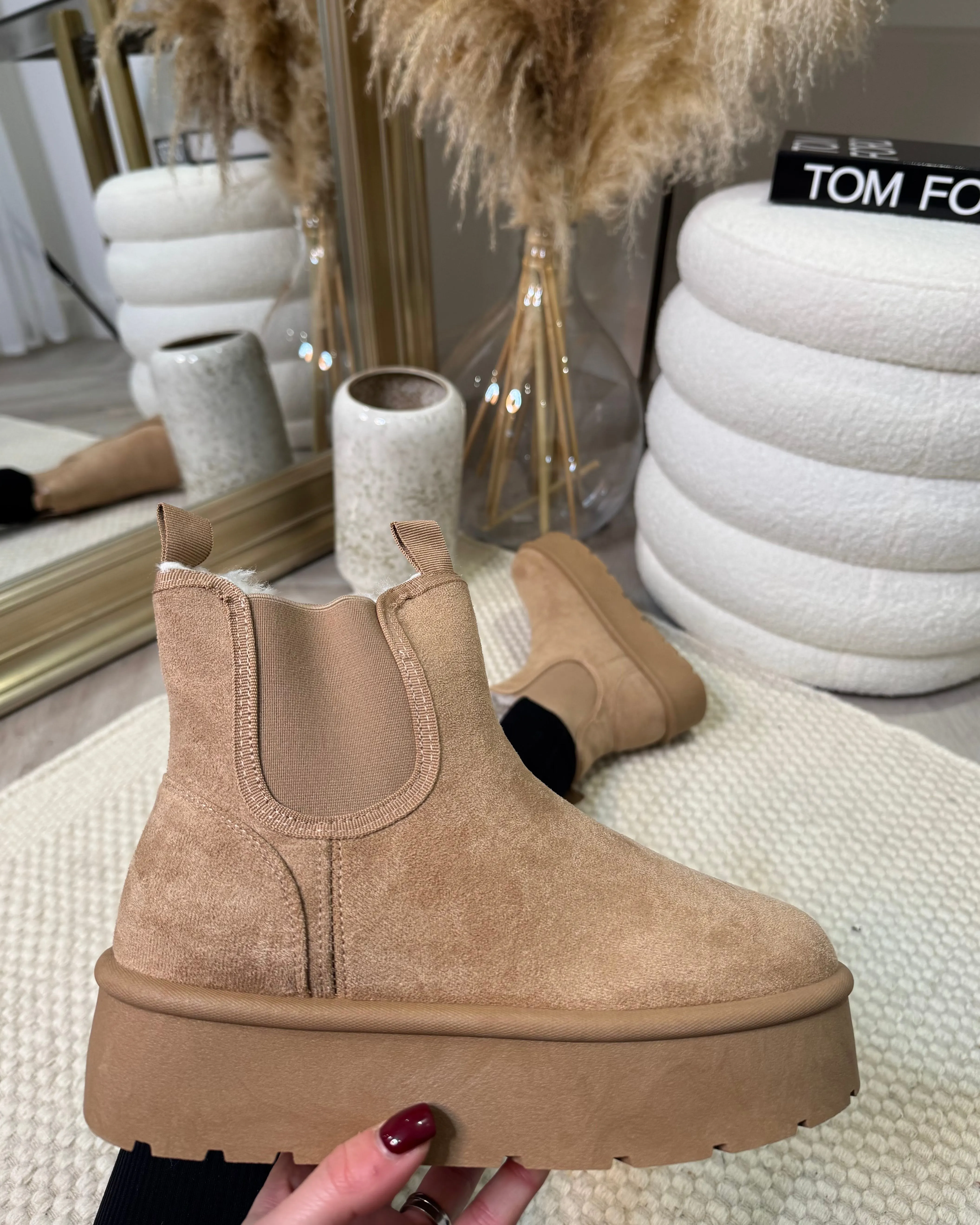Mindi Suede Faux Fur Lined Platform Ankle Boots - Taupe