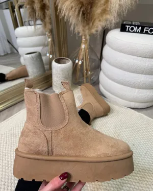 Mindi Suede Faux Fur Lined Platform Ankle Boots - Taupe