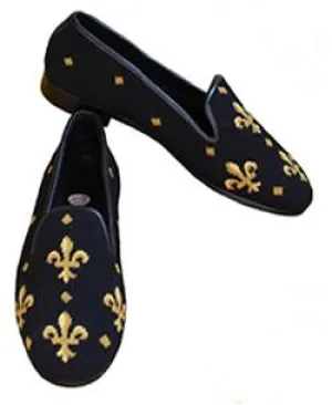 Misses  Needlepoint Black Fleur de lis Loafer |Designs by Lillie