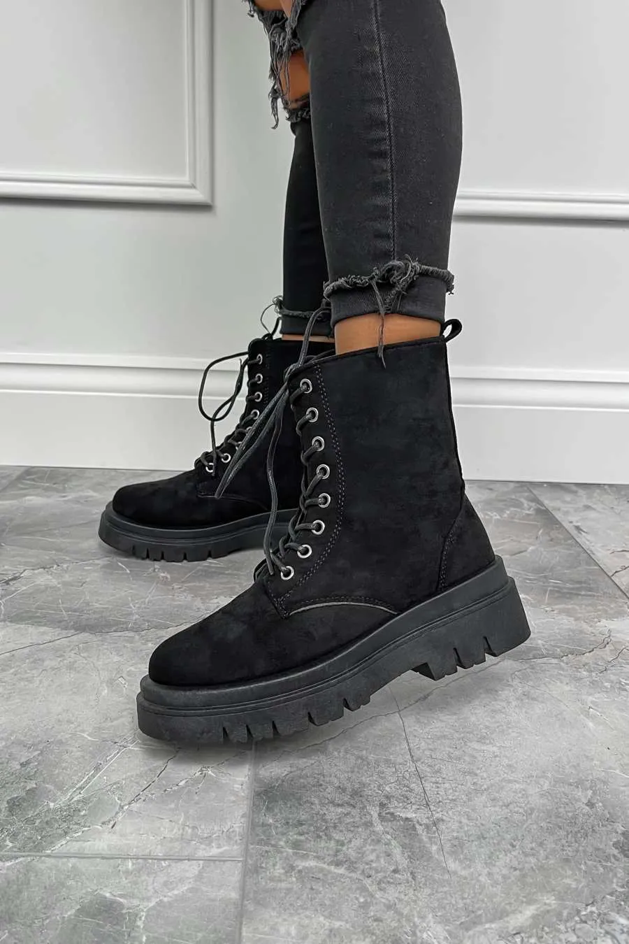 MIYAH Chunky Ankle Boots - Black Suede