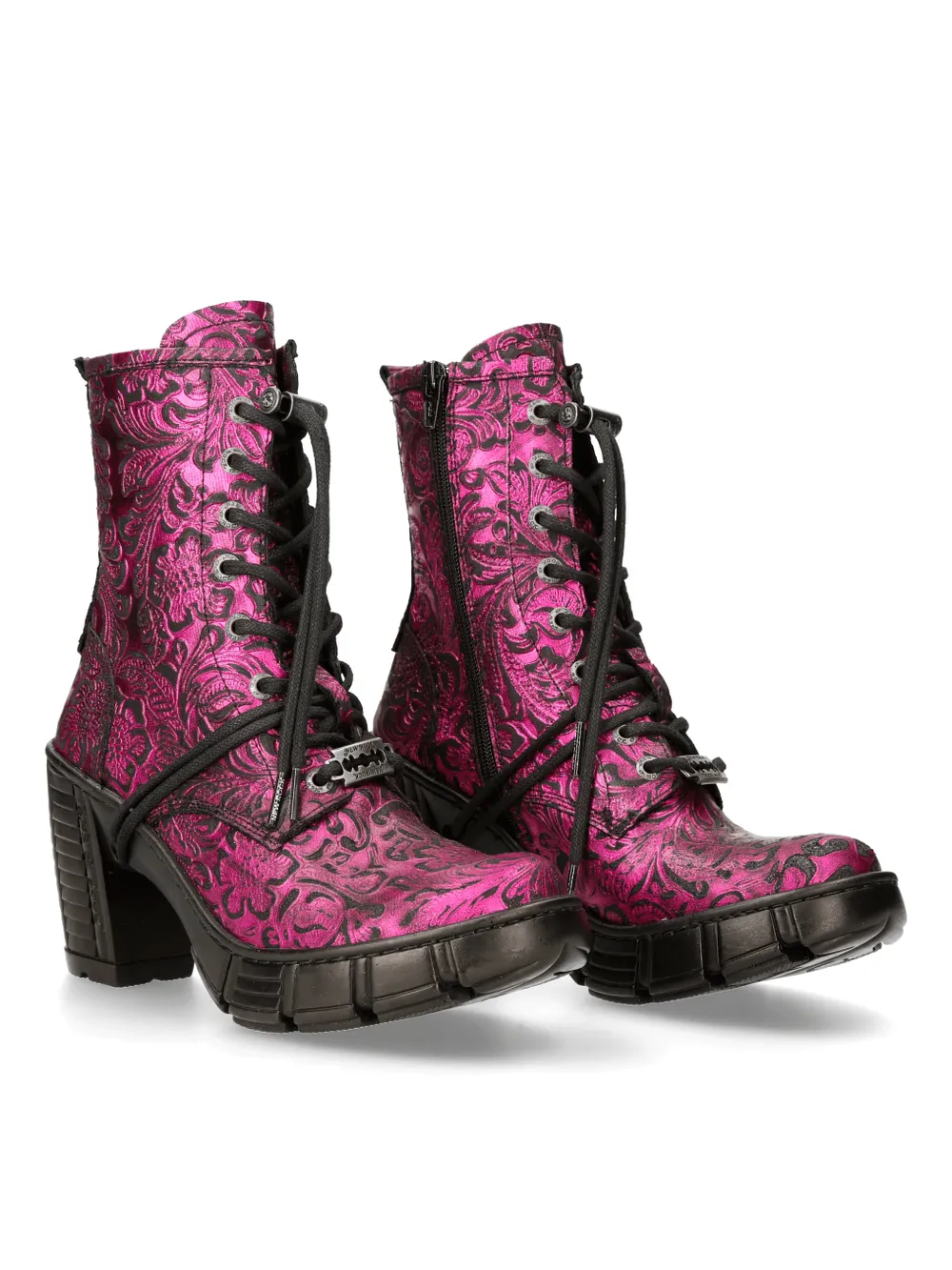NEW ROCK Pink Gothic Print Lace-Up Ankle Boots