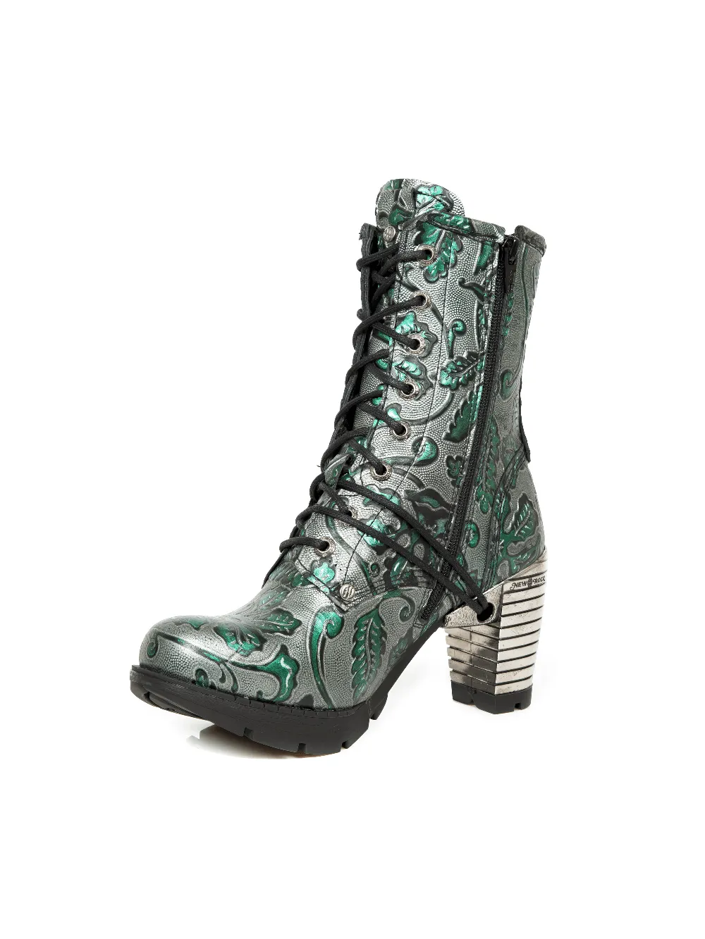 NEW ROCK Women's Embossed Leaf Pattern Lace-Up Ankle Boots