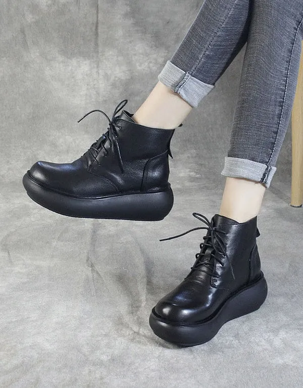 Plush Round Head Lace-up Retro Platform Boots