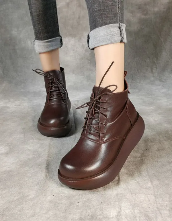 Plush Round Head Lace-up Retro Platform Boots
