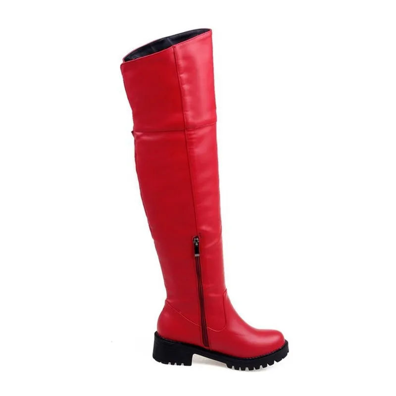 PU Leather Over The Knee Platform Riding Boots w/ Button Rivet Trim Womens Shoes