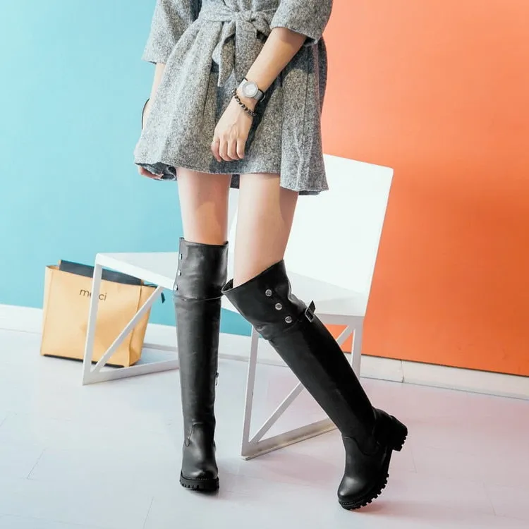 PU Leather Over The Knee Platform Riding Boots w/ Button Rivet Trim Womens Shoes