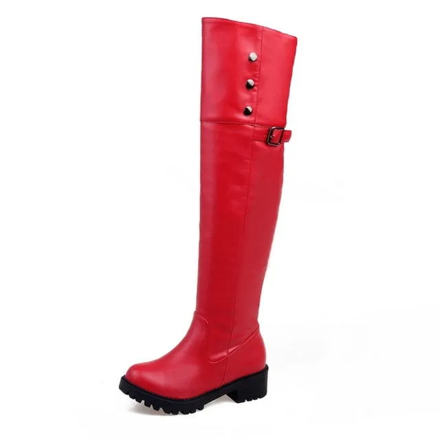 PU Leather Over The Knee Platform Riding Boots w/ Button Rivet Trim Womens Shoes