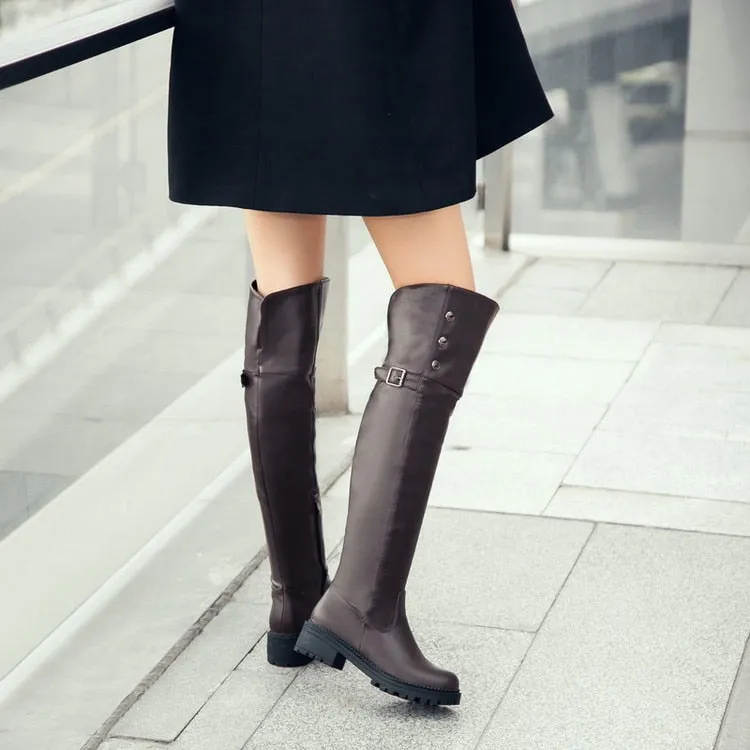PU Leather Over The Knee Platform Riding Boots w/ Button Rivet Trim Womens Shoes