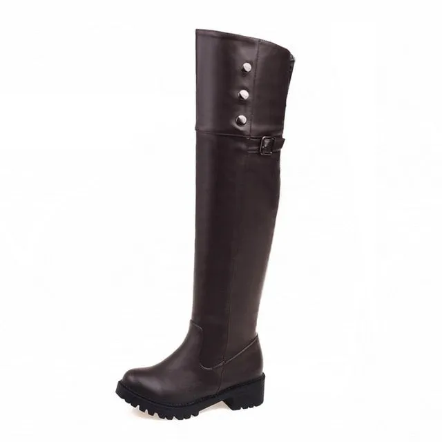 PU Leather Over The Knee Platform Riding Boots w/ Button Rivet Trim Womens Shoes