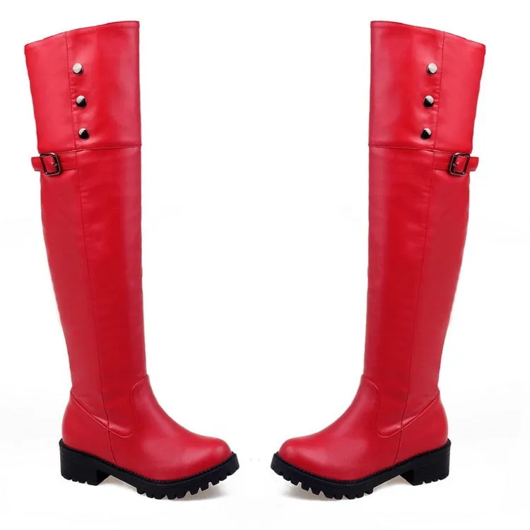 PU Leather Over The Knee Platform Riding Boots w/ Button Rivet Trim Womens Shoes