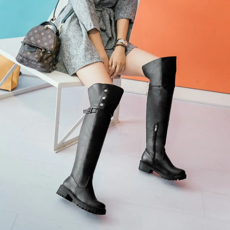 PU Leather Over The Knee Platform Riding Boots w/ Button Rivet Trim Womens Shoes