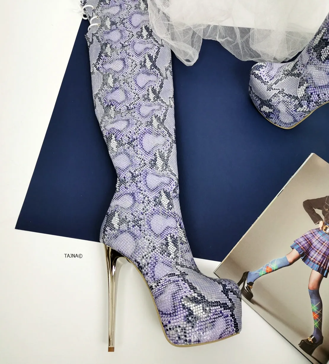 Purple Snake Skin Print Platform Boots