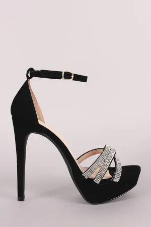Qupid Nubuck Rhinestone Ankle Strap Stiletto Platform Heel