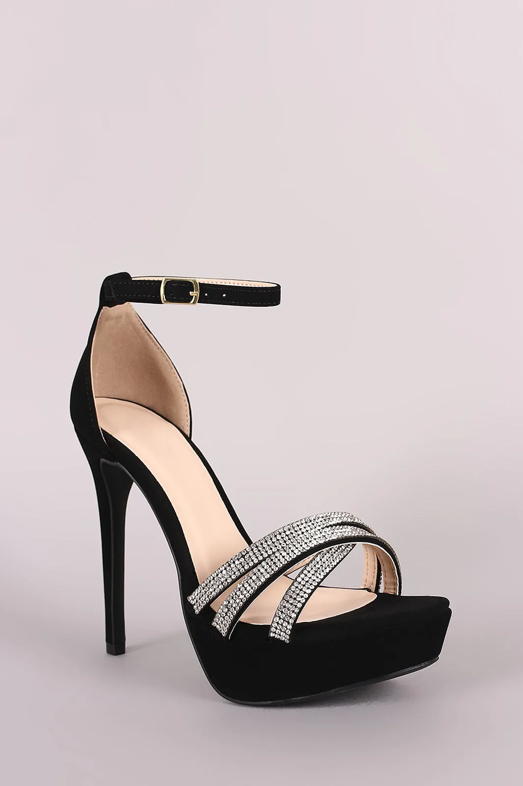Qupid Nubuck Rhinestone Ankle Strap Stiletto Platform Heel