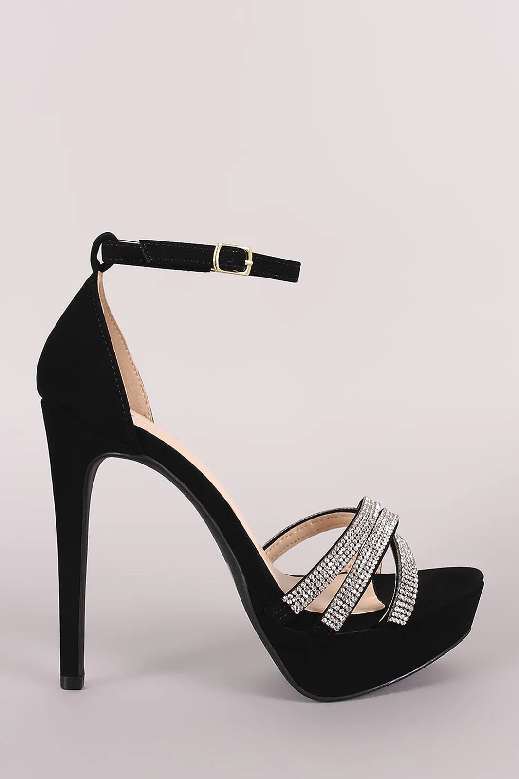 Qupid Nubuck Rhinestone Ankle Strap Stiletto Platform Heel