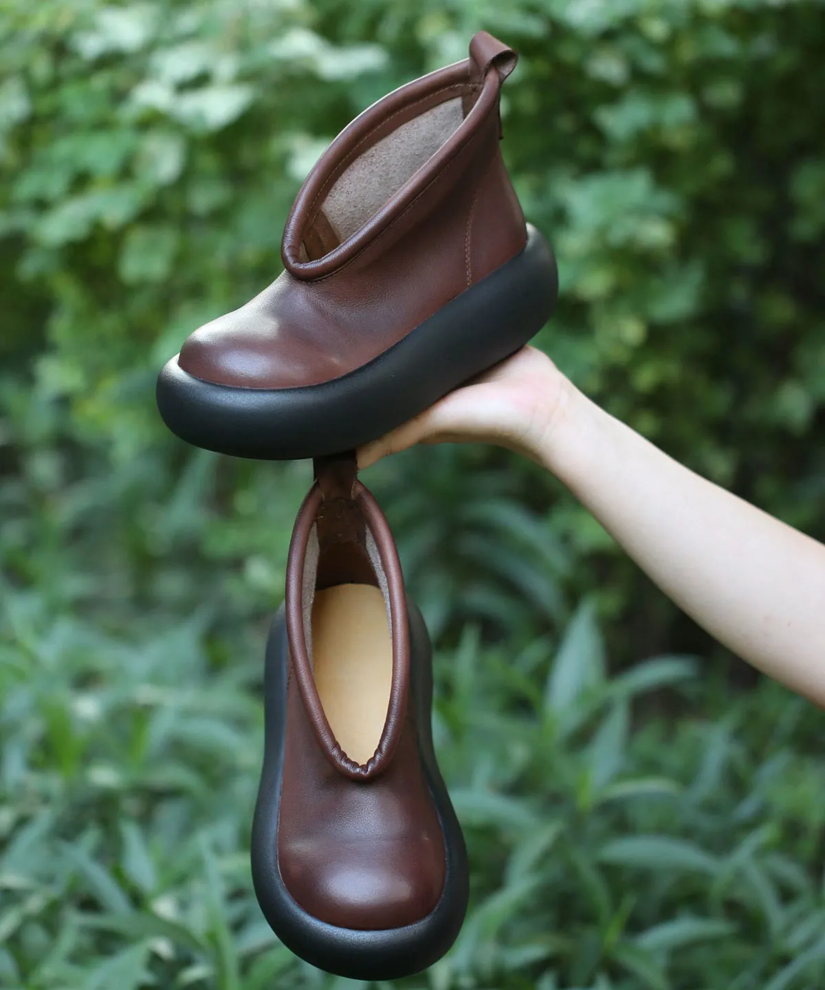 Retro Splicing Platform Ankle Boots Coffee Cowhide Leather RI024