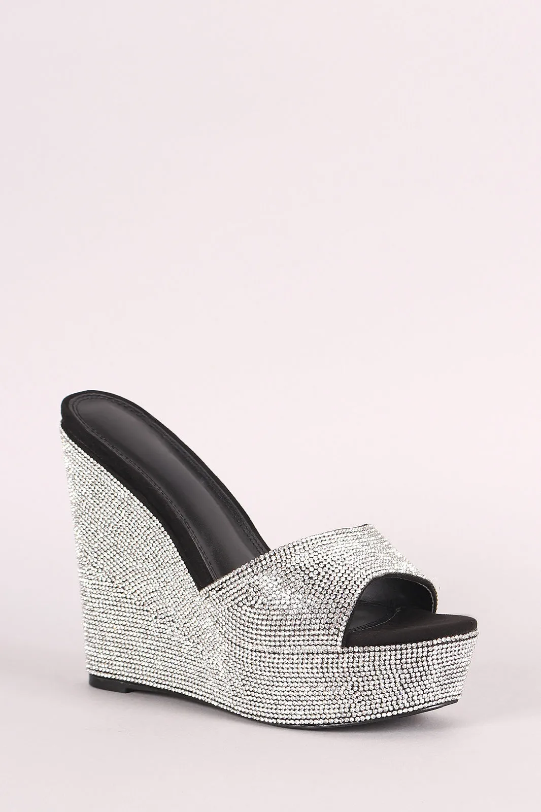 Rhinestone Embellished Suede Open Toe Mule Platform Wedge