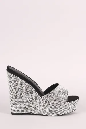 Rhinestone Embellished Suede Open Toe Mule Platform Wedge