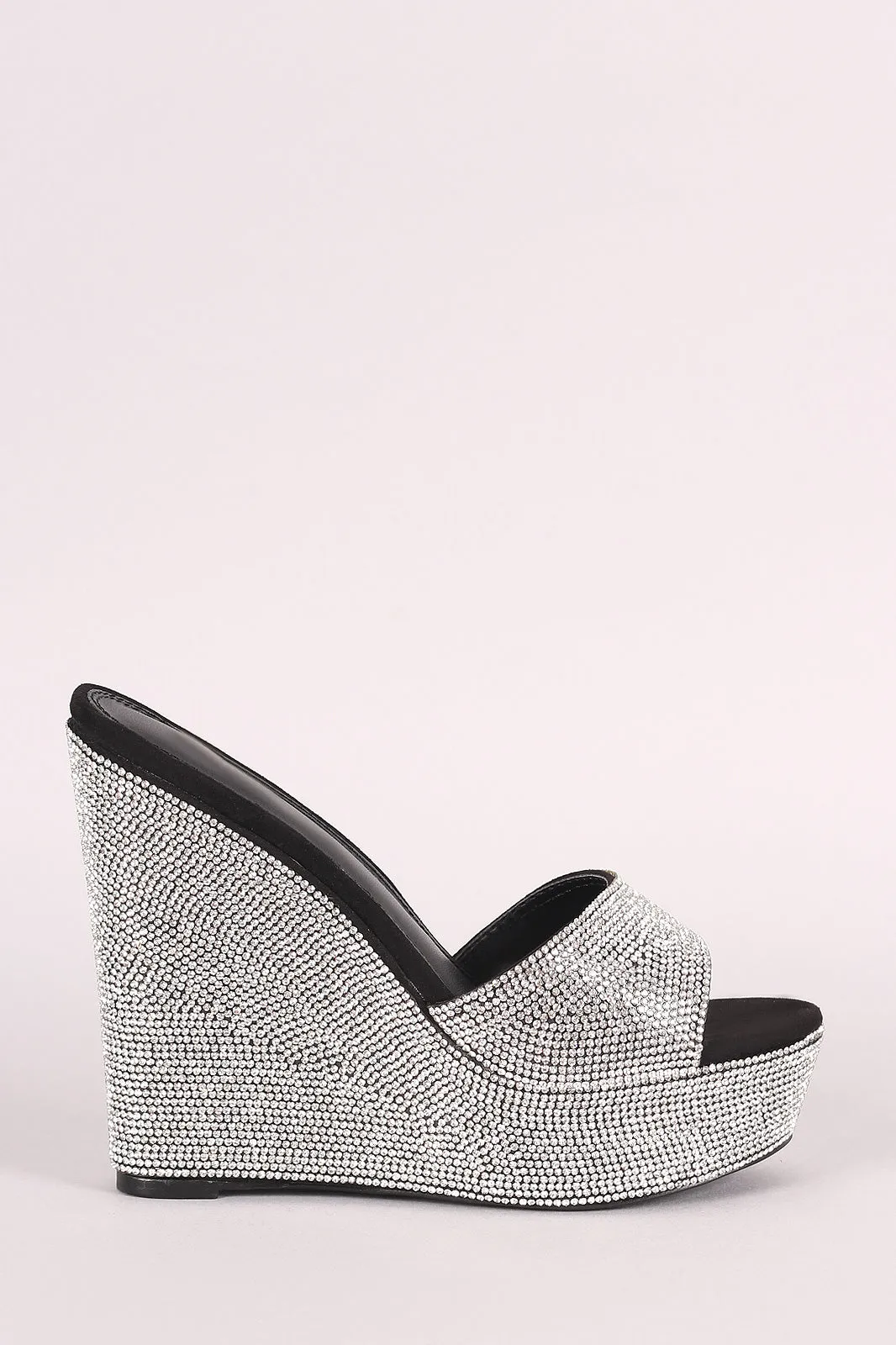 Rhinestone Embellished Suede Open Toe Mule Platform Wedge