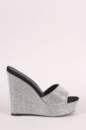 Rhinestone Embellished Suede Open Toe Mule Platform Wedge