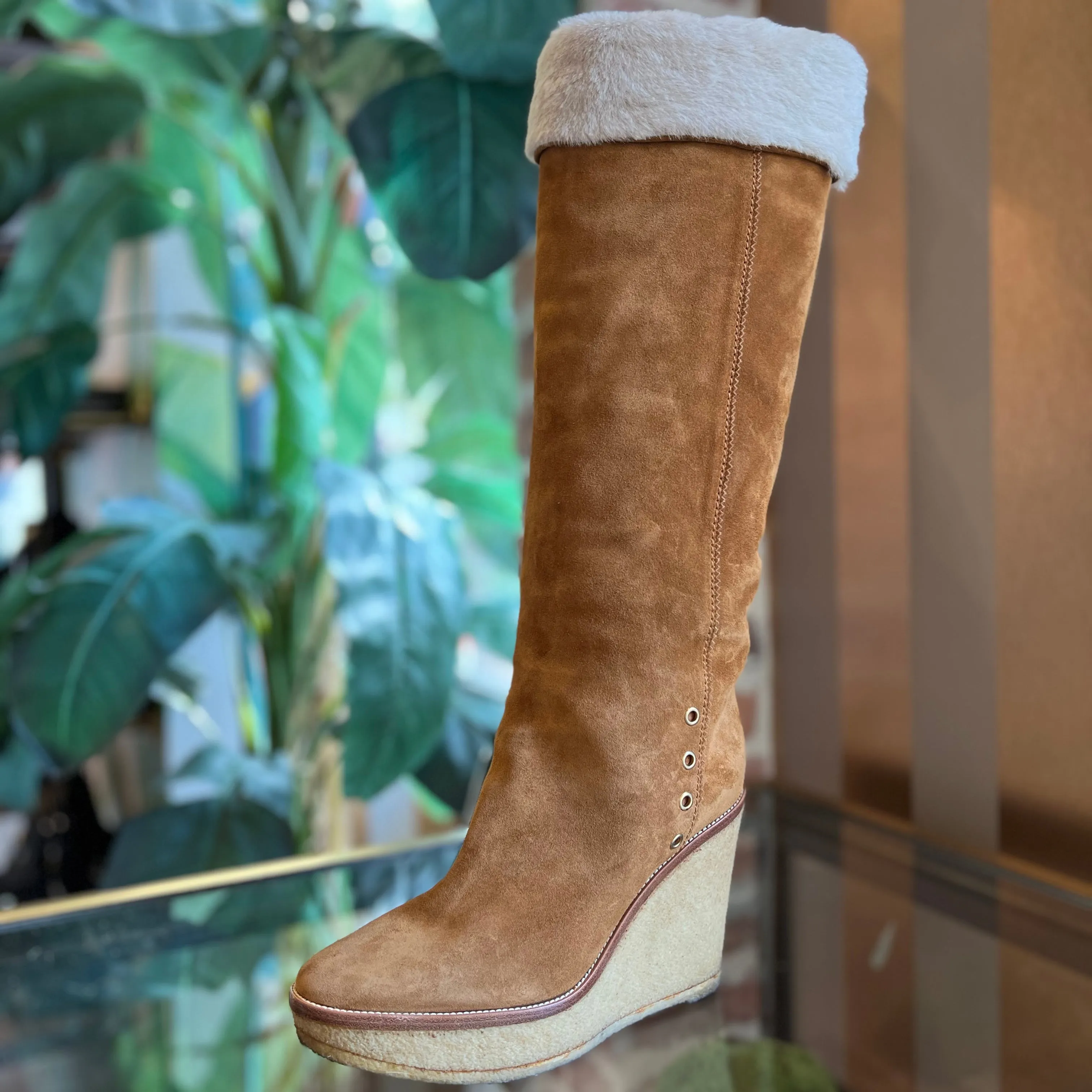 SAINT LAURENT Ida Beige Suede Shearling Knee High Platform Boots SZ39(9US)