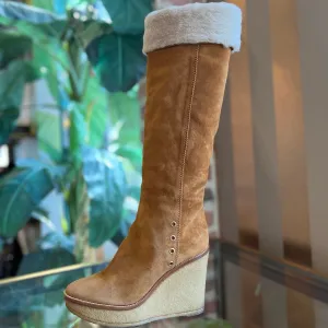 SAINT LAURENT Ida Beige Suede Shearling Knee High Platform Boots SZ39(9US)
