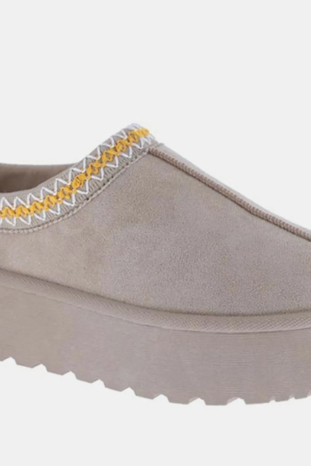 Shorty Platform Embroidered Trim Slip-On Boots in Taupe