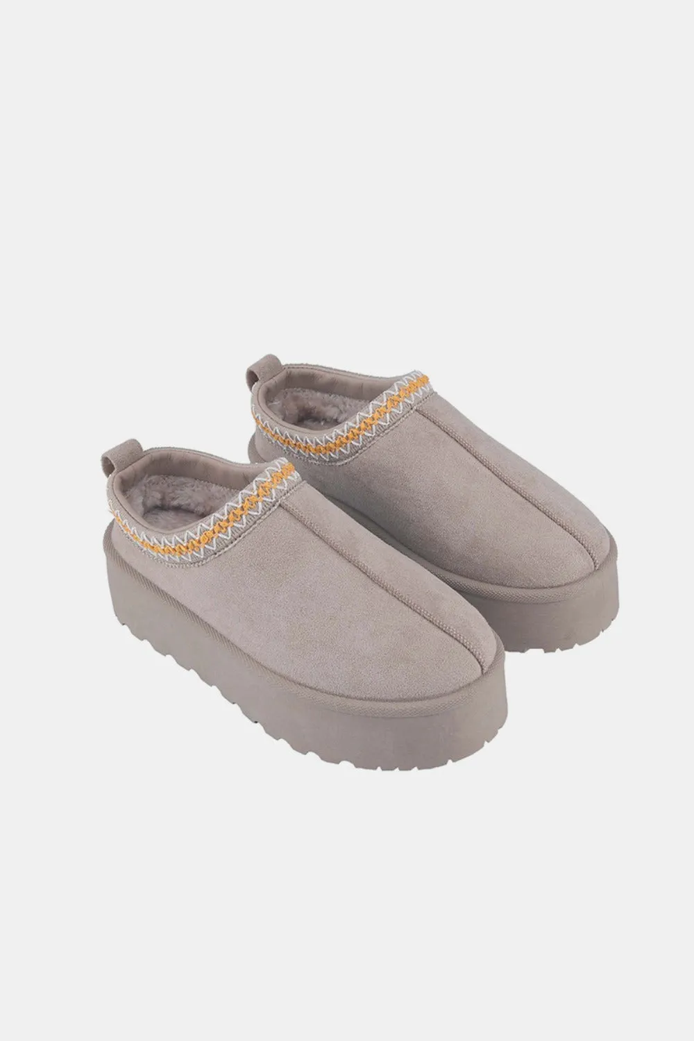Shorty Platform Embroidered Trim Slip-On Boots in Taupe