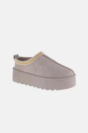 Shorty Platform Embroidered Trim Slip-On Boots in Taupe